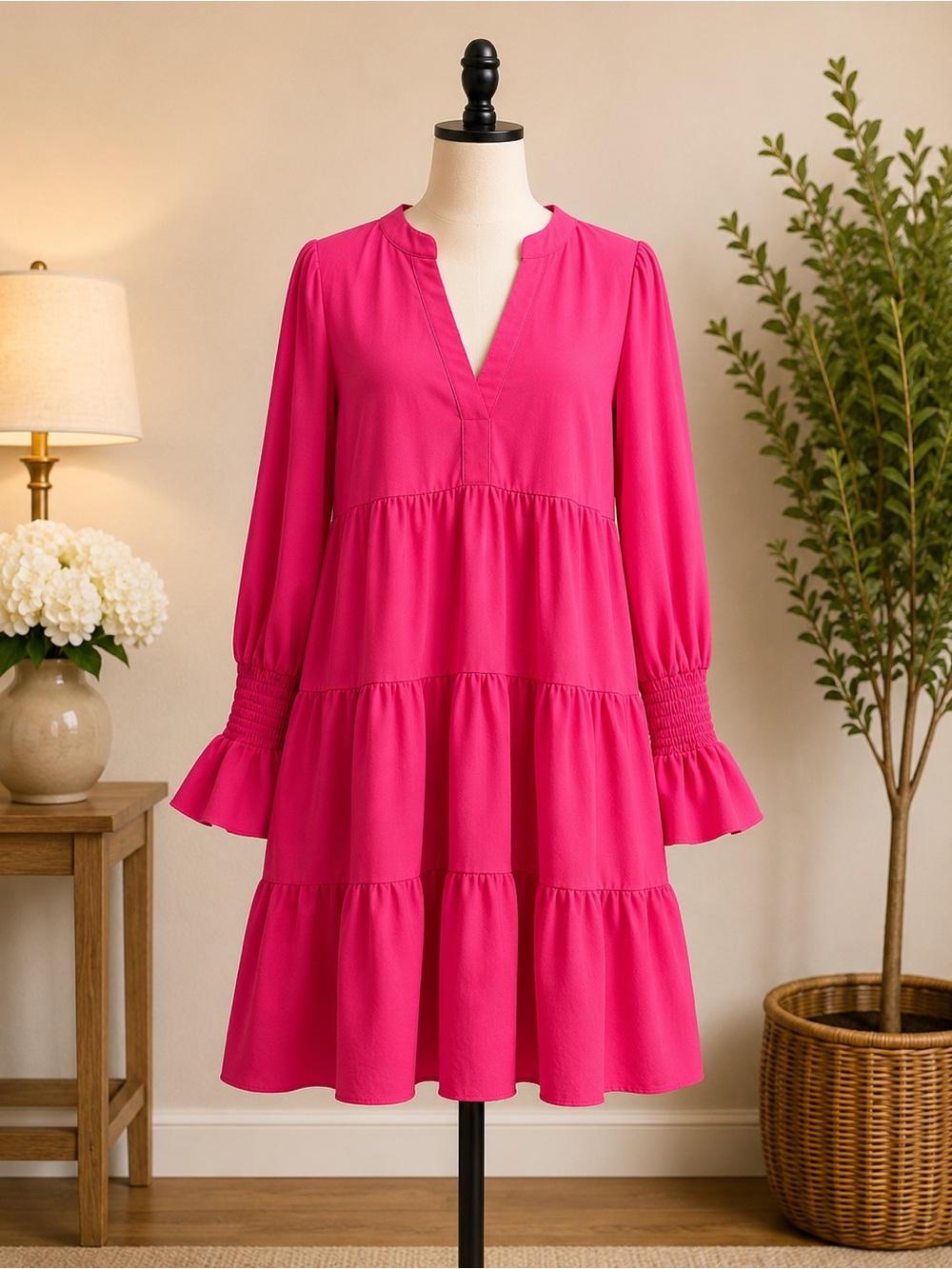 Pomander Place Bright Pink Tiered V-Neck Long Sleeve Dress